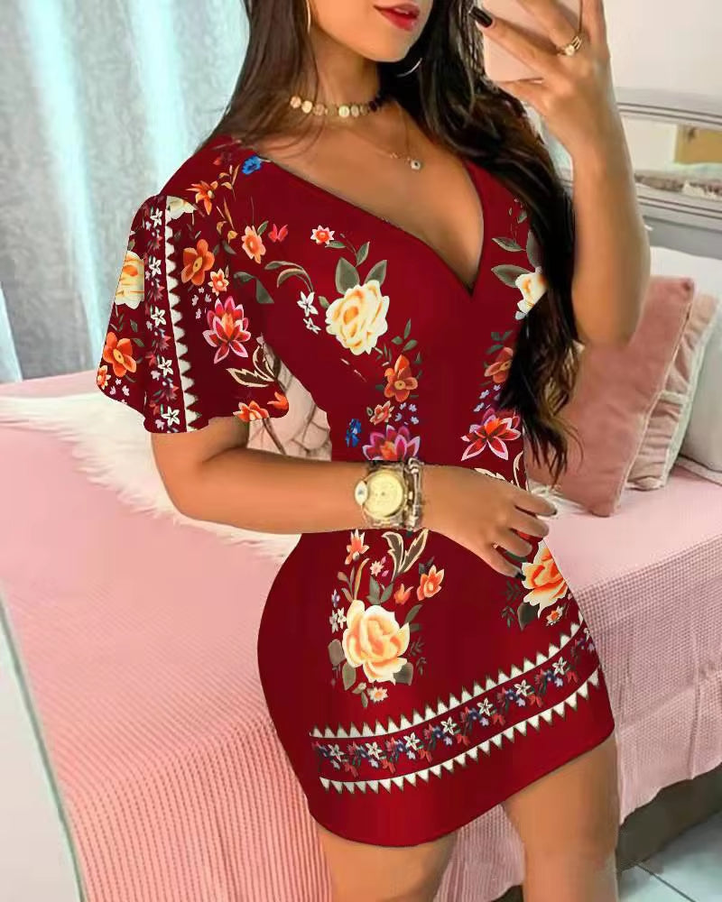 Summer Elegant Floral Print Bodycon Mini Dress | Fashion Sexy Deep V-Neck Party Dress