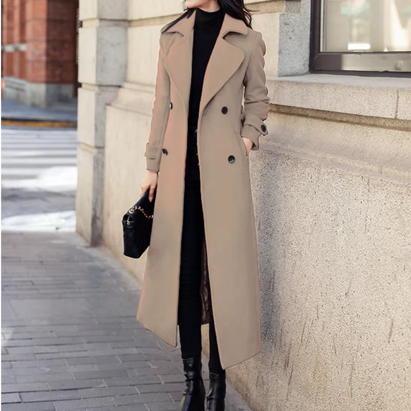 Women’s Woolen Long Trench Coat | Double-Breasted Winter Outerwear with Belt