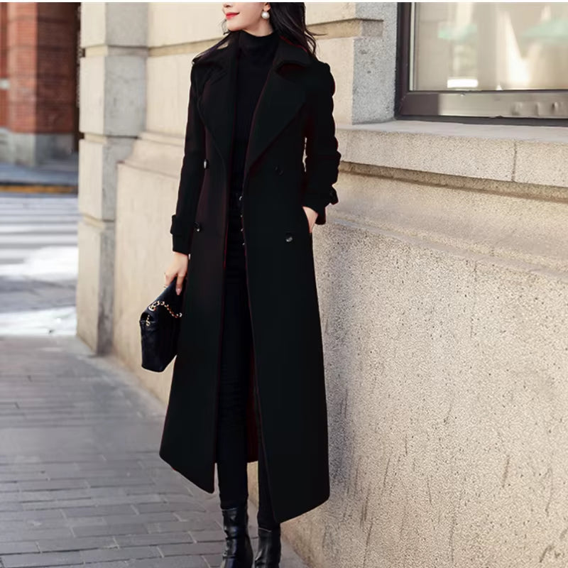 Women’s Woolen Long Trench Coat | Double-Breasted Winter Outerwear with Belt