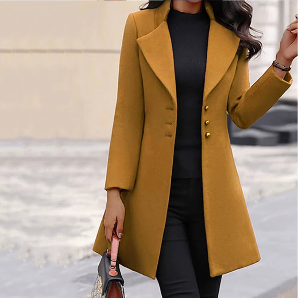 Solid Color Slim Woolen Women’s Long Coat | Elegant Fashion Outerwear