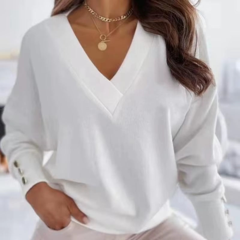 Women’s Knitted V-Neck Sweater | Long Sleeve Button-Up Casual Pullover