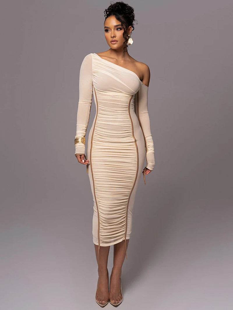 Diagonal Collar Long Sleeve Midi Dress | Two-Layer Mesh Backless Ruched Bodycon Party Dress