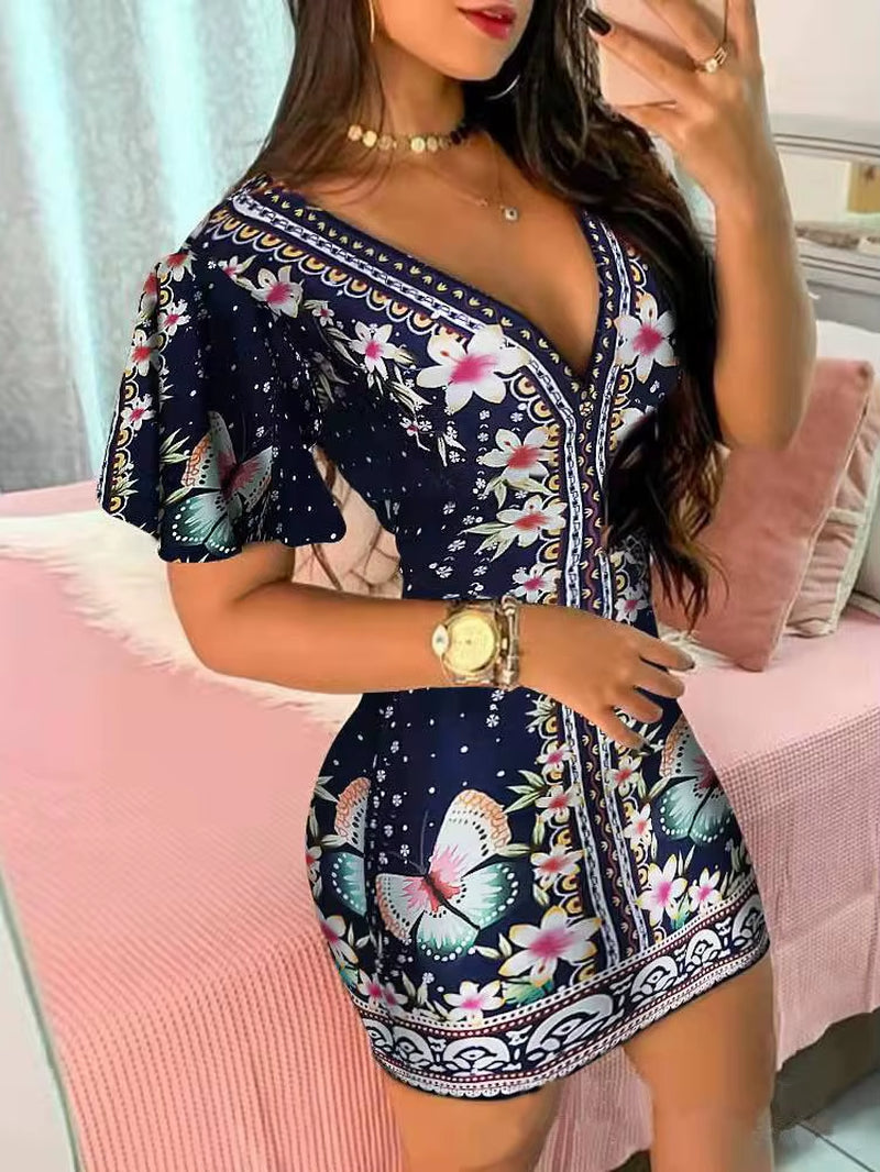 Summer Elegant Floral Print Bodycon Mini Dress | Fashion Sexy Deep V-Neck Party Dress