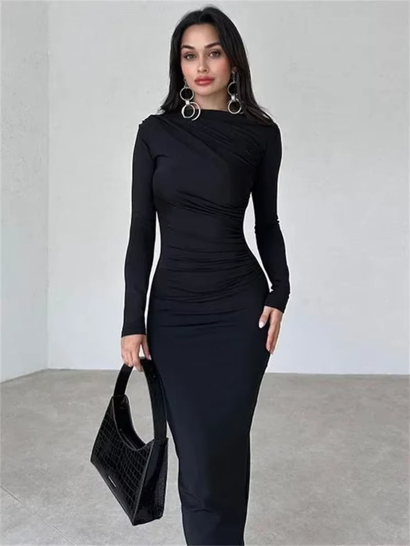 Off-Shoulder Pleated Long Sleeve Slim Maxi Dress | Elegant High-Waist Party Gown