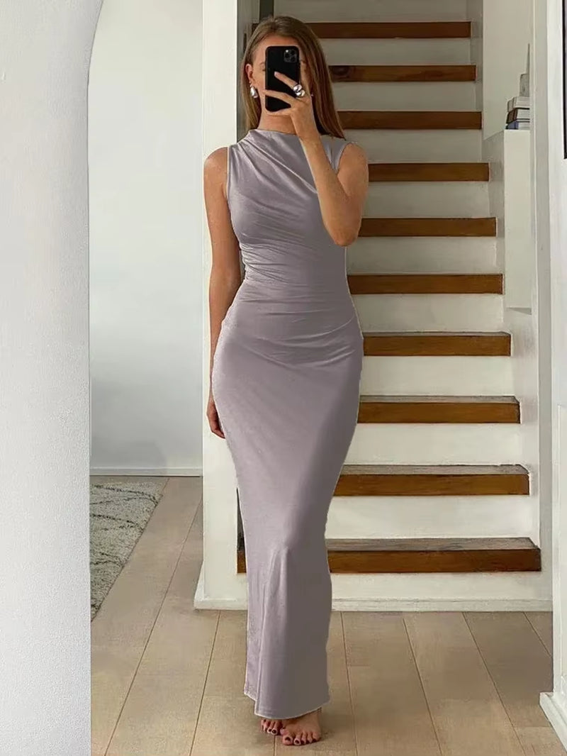 Off-Shoulder Pleated Long Sleeve Slim Maxi Dress | Elegant High-Waist Party Gown