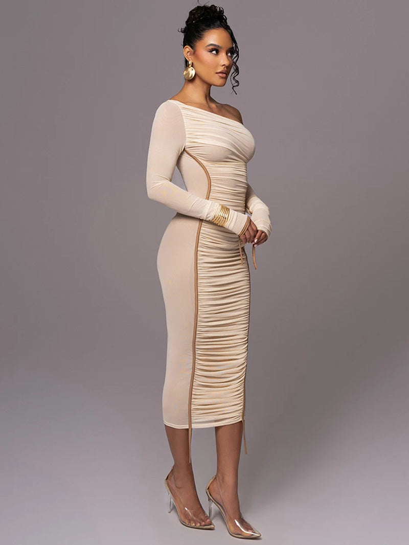 Diagonal Collar Long Sleeve Midi Dress | Two-Layer Mesh Backless Ruched Bodycon Party Dress