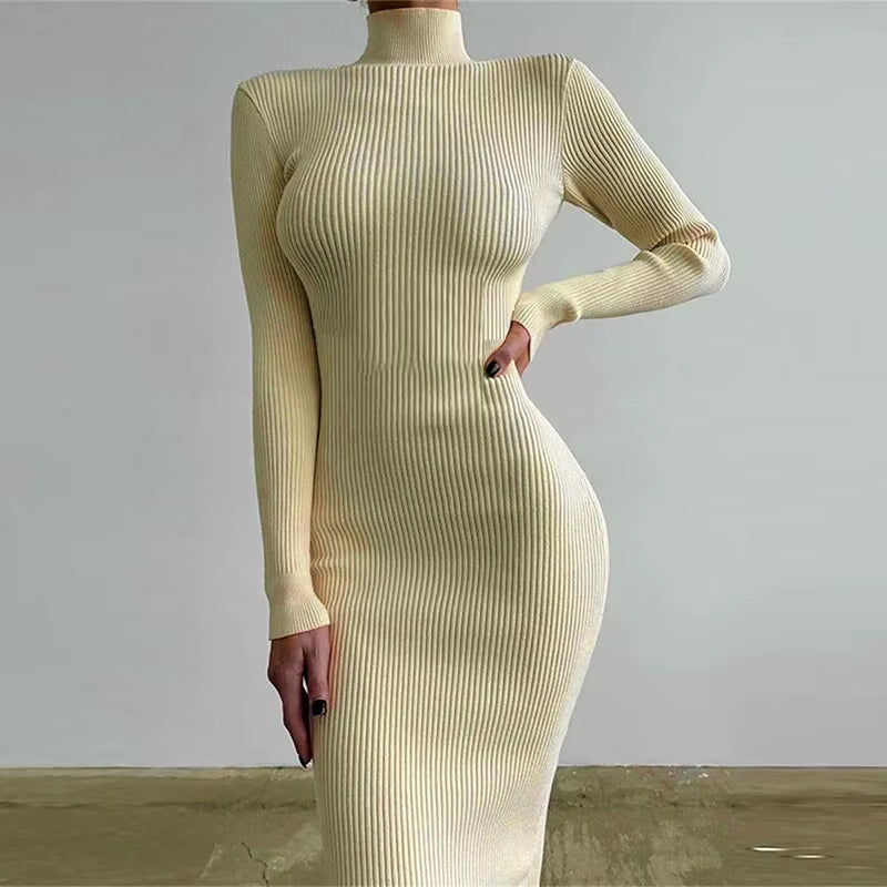 Autumn Winter Turtleneck Knitted Bodycon Dress | Elegant Long Sleeve Sweater Dress