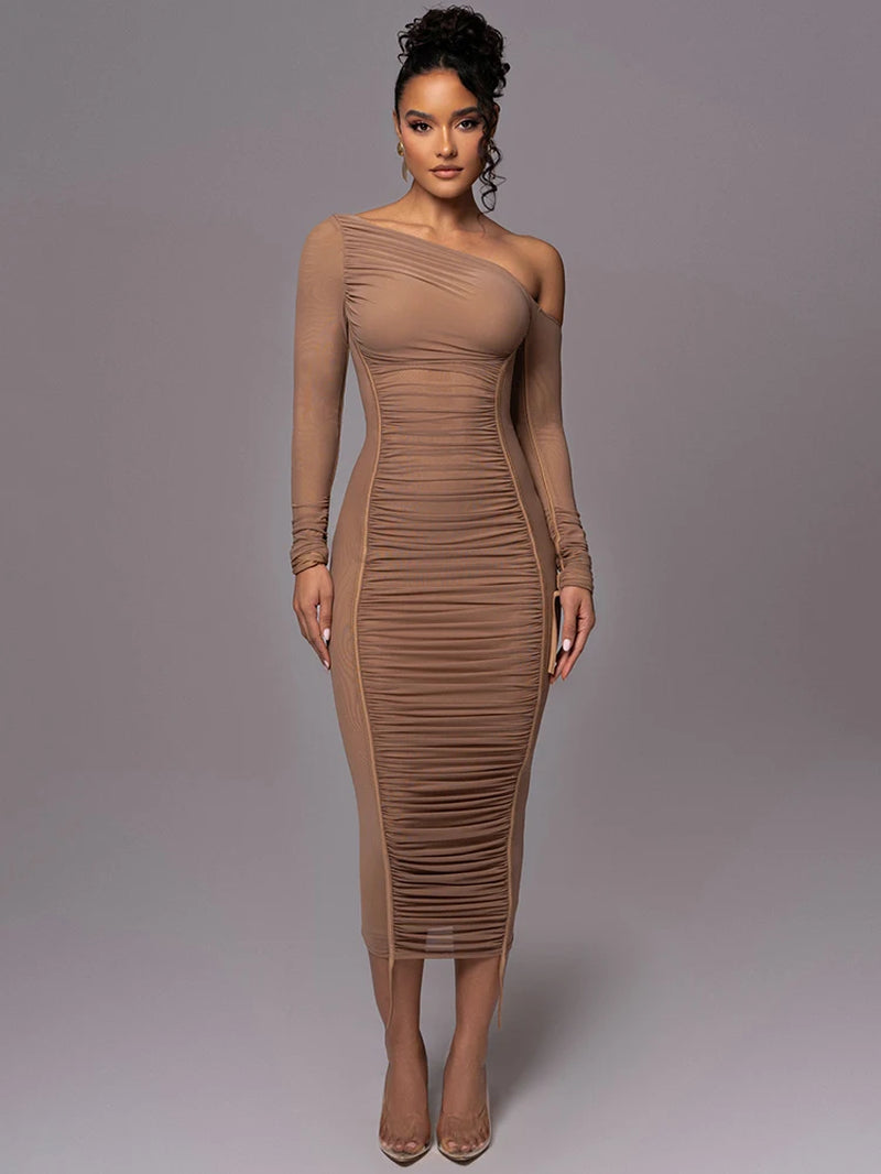 Diagonal Collar Long Sleeve Midi Dress | Two-Layer Mesh Backless Ruched Bodycon Party Dress