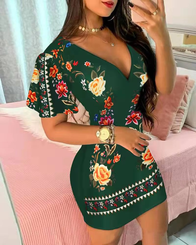 Summer Elegant Floral Print Bodycon Mini Dress | Fashion Sexy Deep V-Neck Party Dress