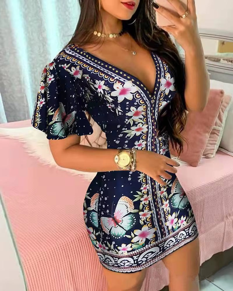 Summer Elegant Floral Print Bodycon Mini Dress | Fashion Sexy Deep V-Neck Party Dress