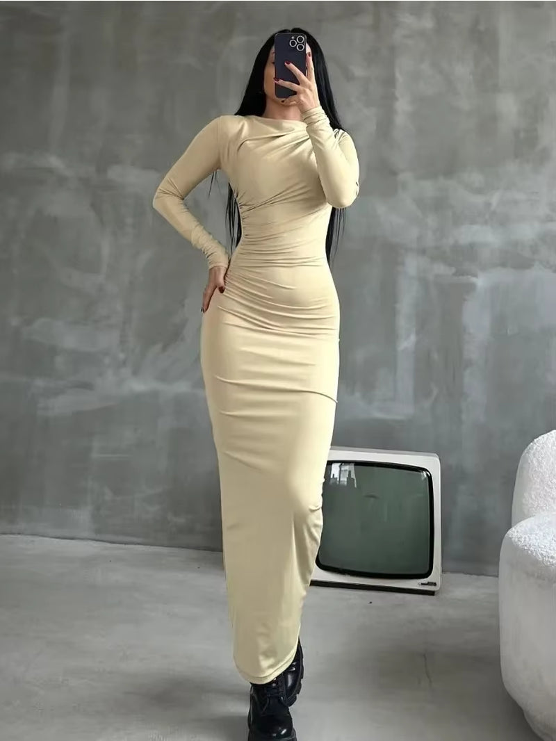 Off-Shoulder Pleated Long Sleeve Slim Maxi Dress | Elegant High-Waist Party Gown