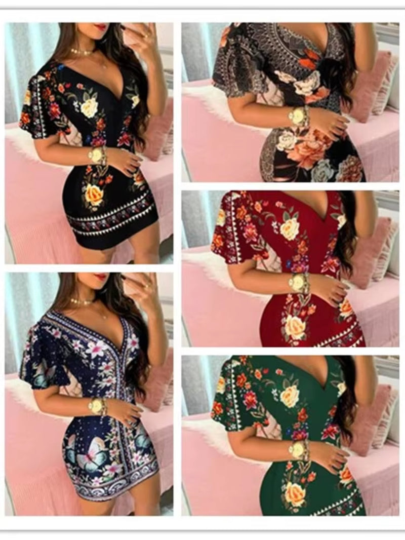 Summer Elegant Floral Print Bodycon Mini Dress | Fashion Sexy Deep V-Neck Party Dress