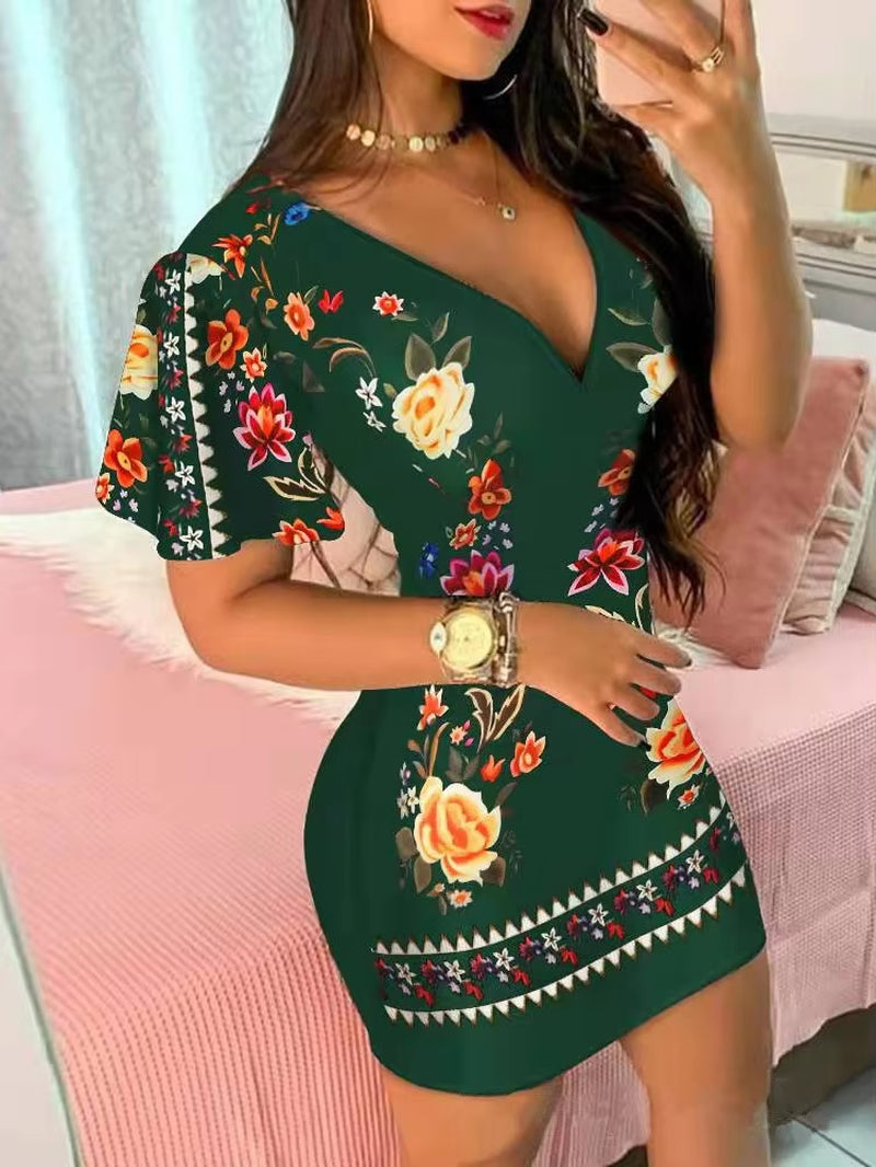 Summer Elegant Floral Print Bodycon Mini Dress | Fashion Sexy Deep V-Neck Party Dress