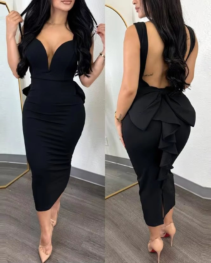 Elegant Plunge Backless Party Dress | Ruffle Hem Women’s Dress for Any Season