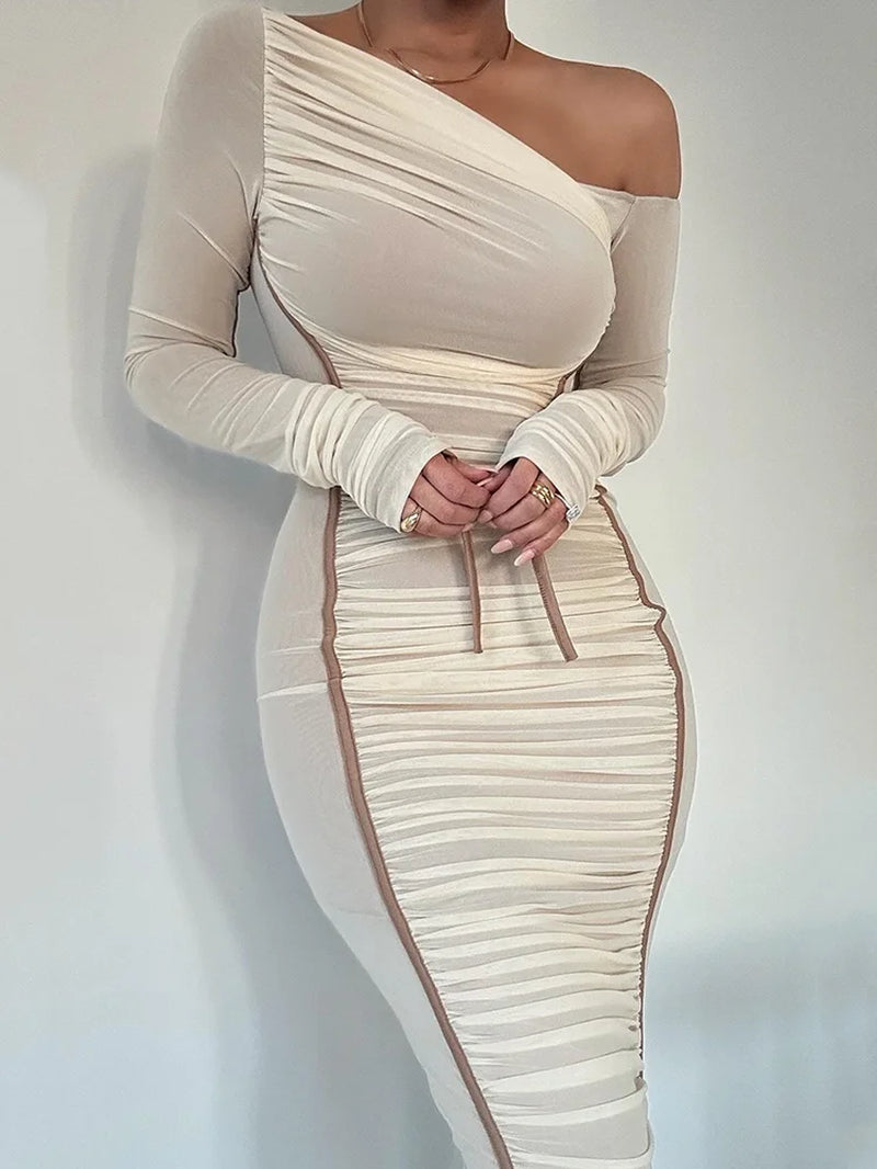 Diagonal Collar Long Sleeve Midi Dress | Two-Layer Mesh Backless Ruched Bodycon Party Dress