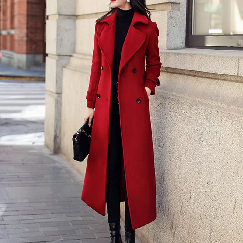 Women’s Woolen Long Trench Coat | Double-Breasted Winter Outerwear with Belt