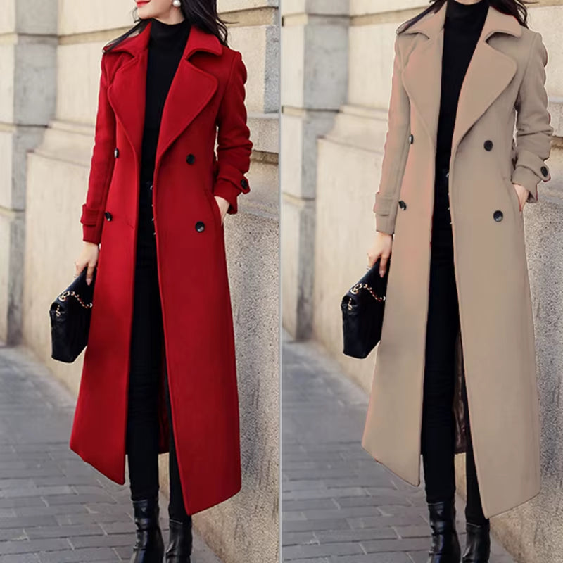 Women’s Woolen Long Trench Coat | Double-Breasted Winter Outerwear with Belt