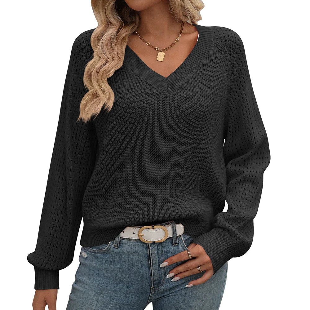 Autumn/Winter Women’s V-Neck Knitted Sweater | Chic Hollow Design and Loose Fit