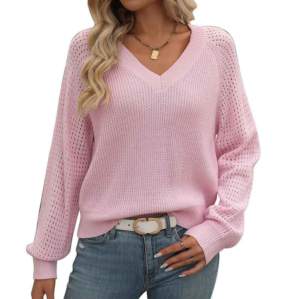 Autumn/Winter Women’s V-Neck Knitted Sweater | Chic Hollow Design and Loose Fit