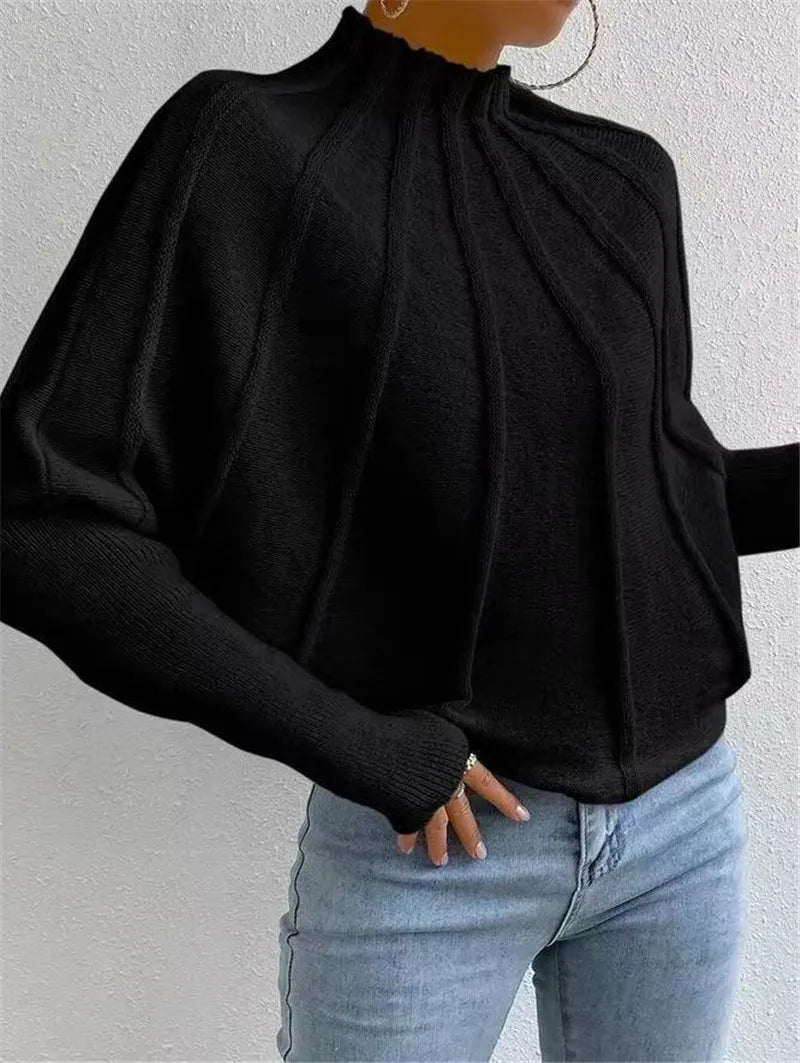 Knitted Batwing Sleeve Sweater for Women | Solid Round Neck Spider Web Knit Top