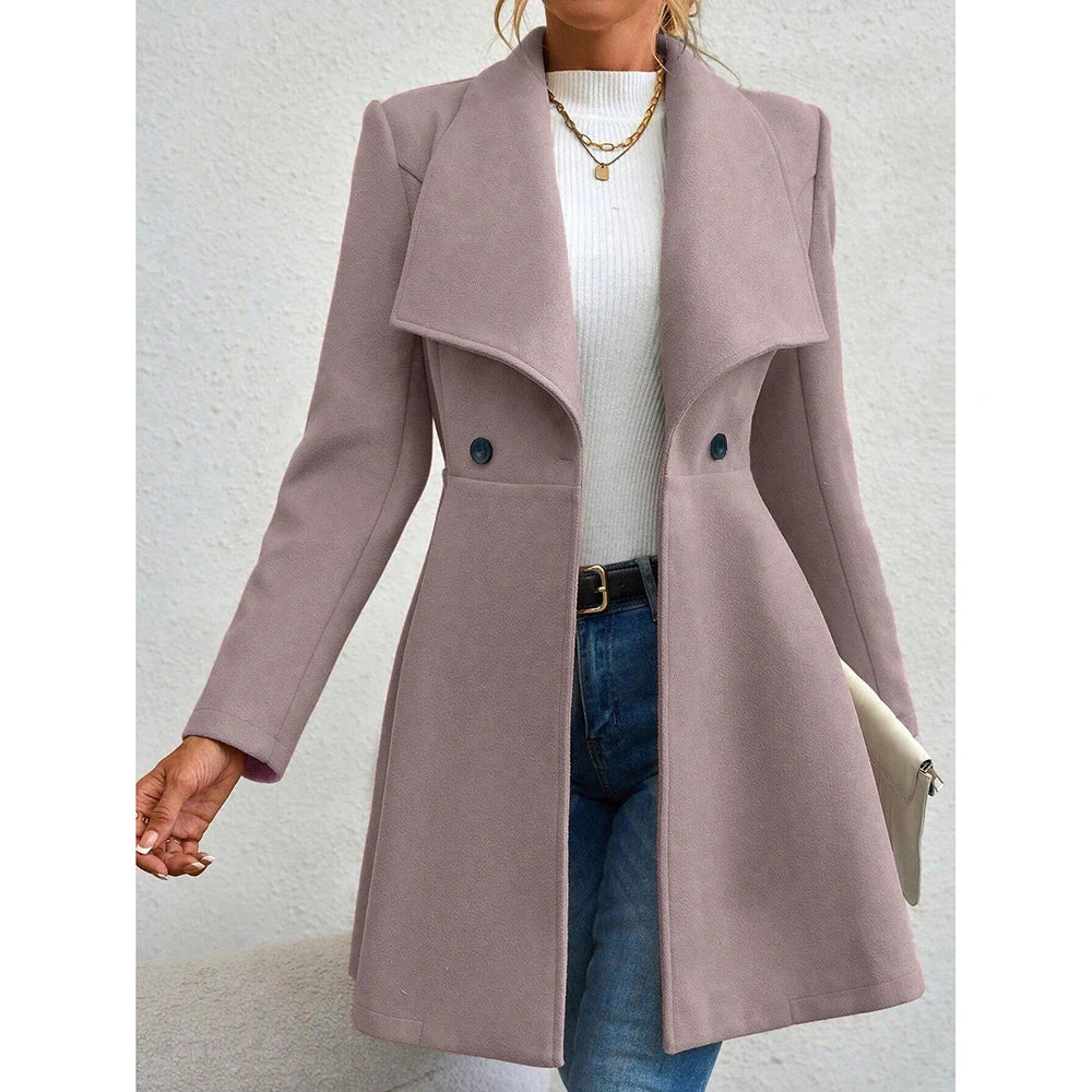 Chic French-Inspired Women's Winter Coat Solid Color Lapel 