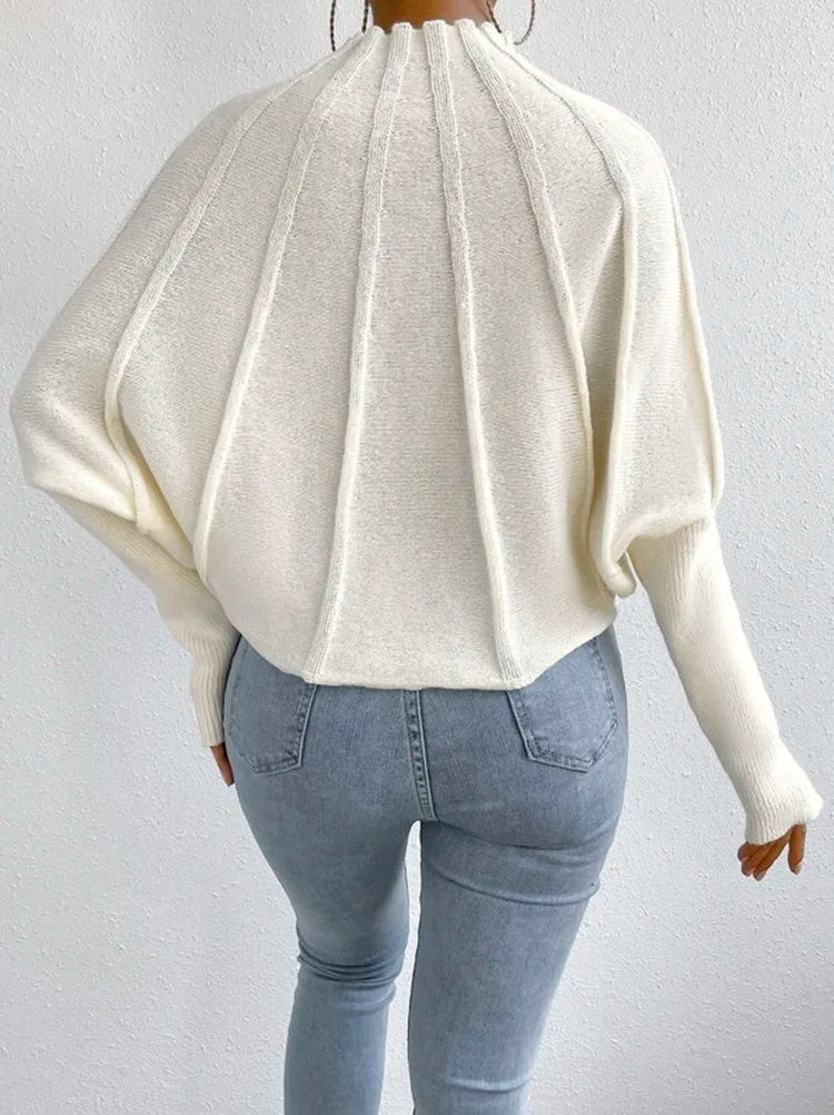 Knitted Batwing Sleeve Sweater for Women | Solid Round Neck Spider Web Knit Top