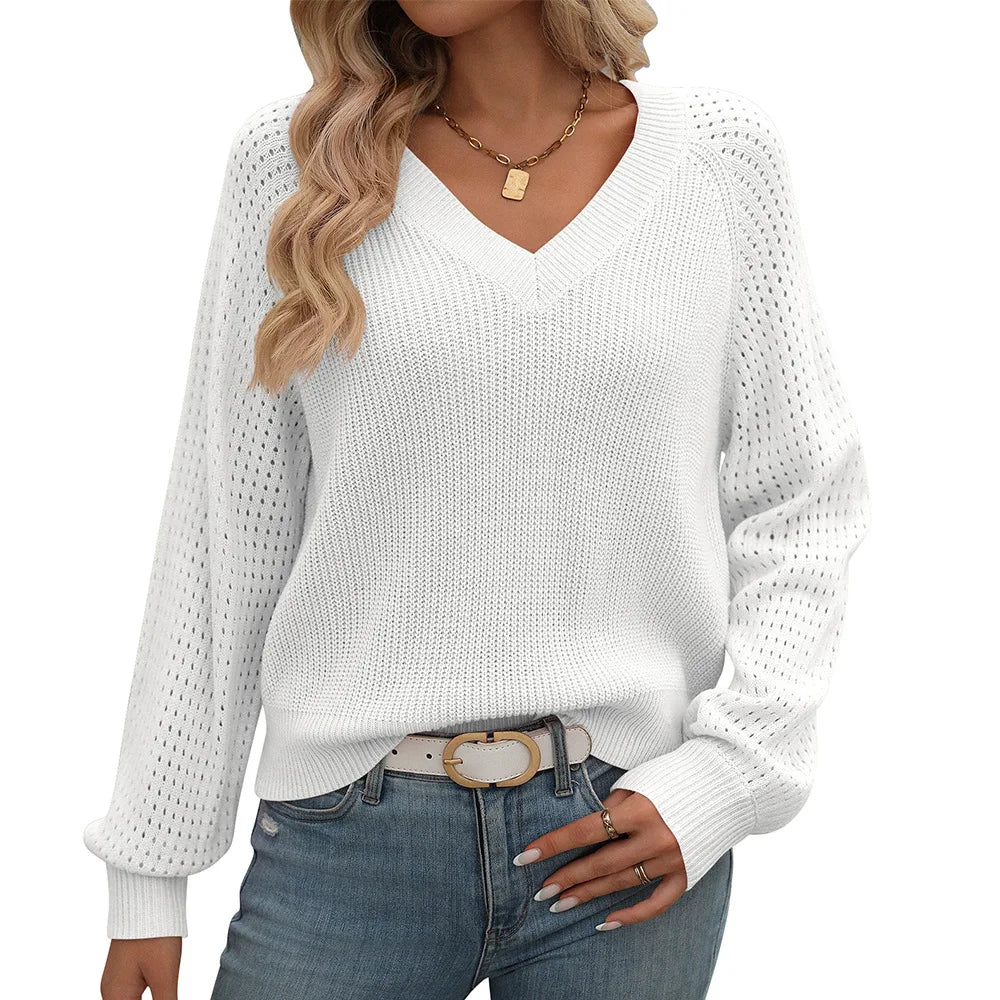 Autumn/Winter Women’s V-Neck Knitted Sweater | Chic Hollow Design and Loose Fit