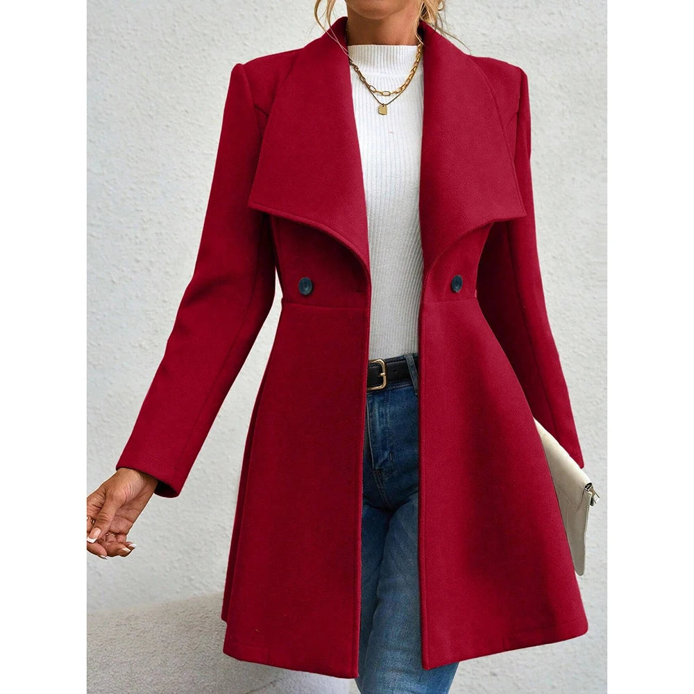 Chic French-Inspired Women's Winter Coat Solid Color Lapel 