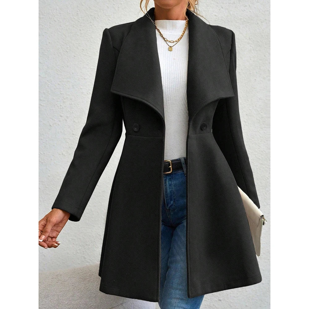 Chic French-Inspired Women's Winter Coat Solid Color Lapel 