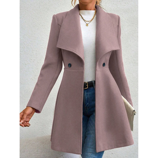 Chic French-Inspired Women's Winter Coat Solid Color Lapel 