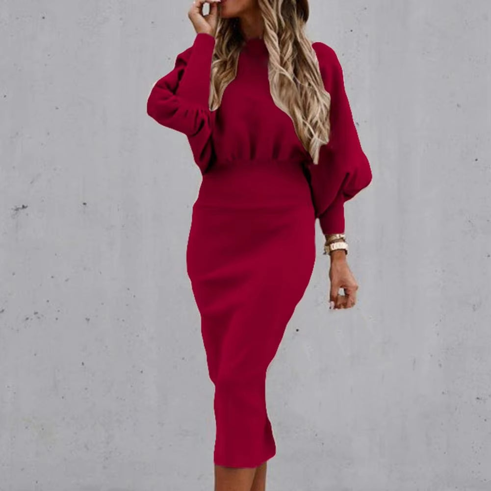 Solid Color Bodycon Midi Dress for Women | Lantern Sleeve High-Waist Slim Party Pencil Dress