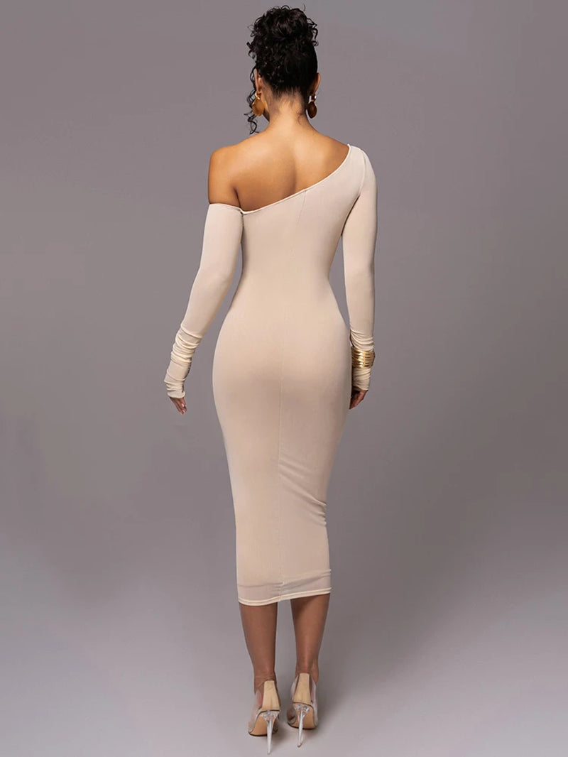 Diagonal Collar Long Sleeve Midi Dress | Two-Layer Mesh Backless Ruched Bodycon Party Dress