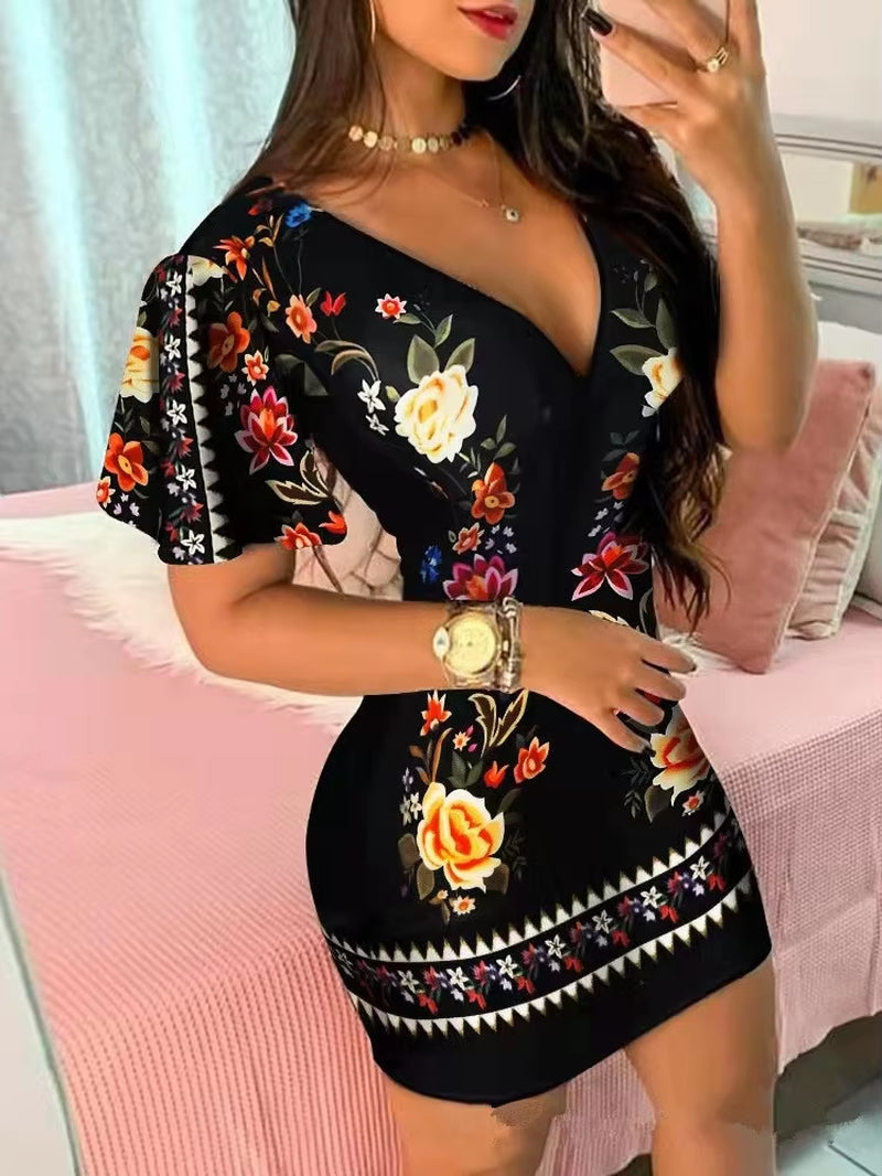 Summer Elegant Floral Print Bodycon Mini Dress | Fashion Sexy Deep V-Neck Party Dress