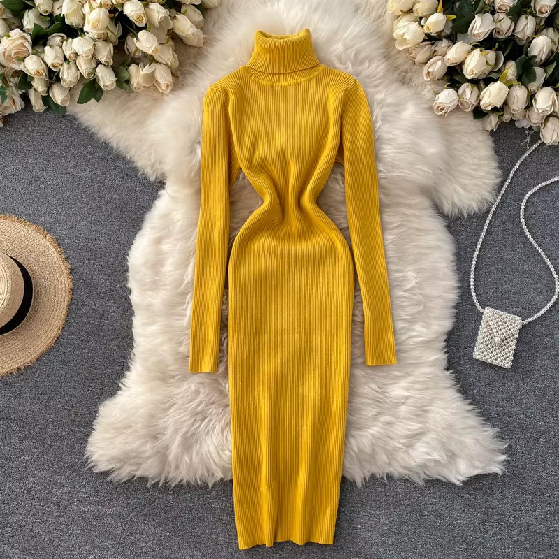 Autumn Winter Turtleneck Knitted Bodycon Dress | Elegant Long Sleeve Sweater Dress