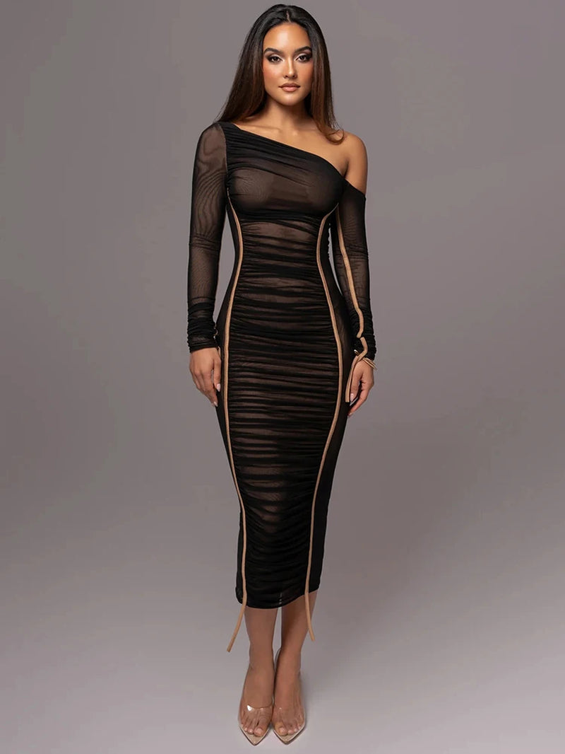 Diagonal Collar Long Sleeve Midi Dress | Two-Layer Mesh Backless Ruched Bodycon Party Dress