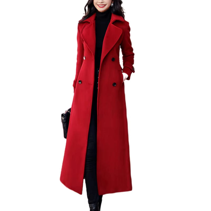 Women’s Woolen Long Trench Coat | Double-Breasted Winter Outerwear with Belt