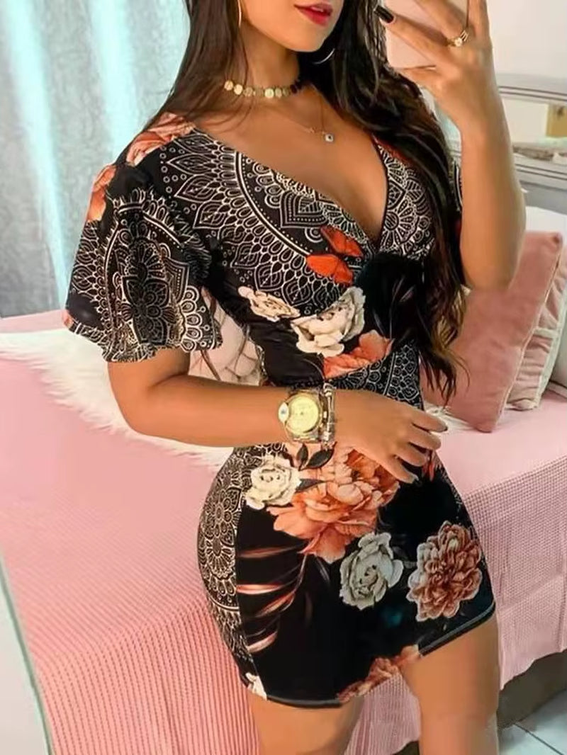 Summer Elegant Floral Print Bodycon Mini Dress | Fashion Sexy Deep V-Neck Party Dress