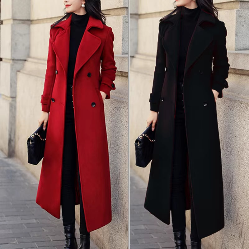 Women’s Woolen Long Trench Coat | Double-Breasted Winter Outerwear with Belt