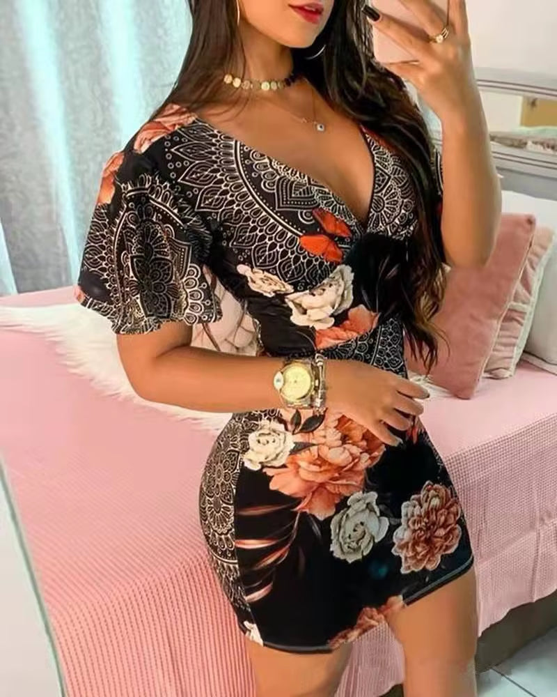 Summer Elegant Floral Print Bodycon Mini Dress | Fashion Sexy Deep V-Neck Party Dress