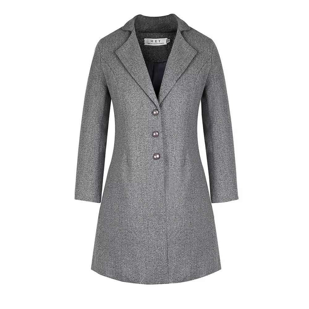 Solid Color Slim Woolen Women’s Long Coat | Elegant Fashion Outerwear