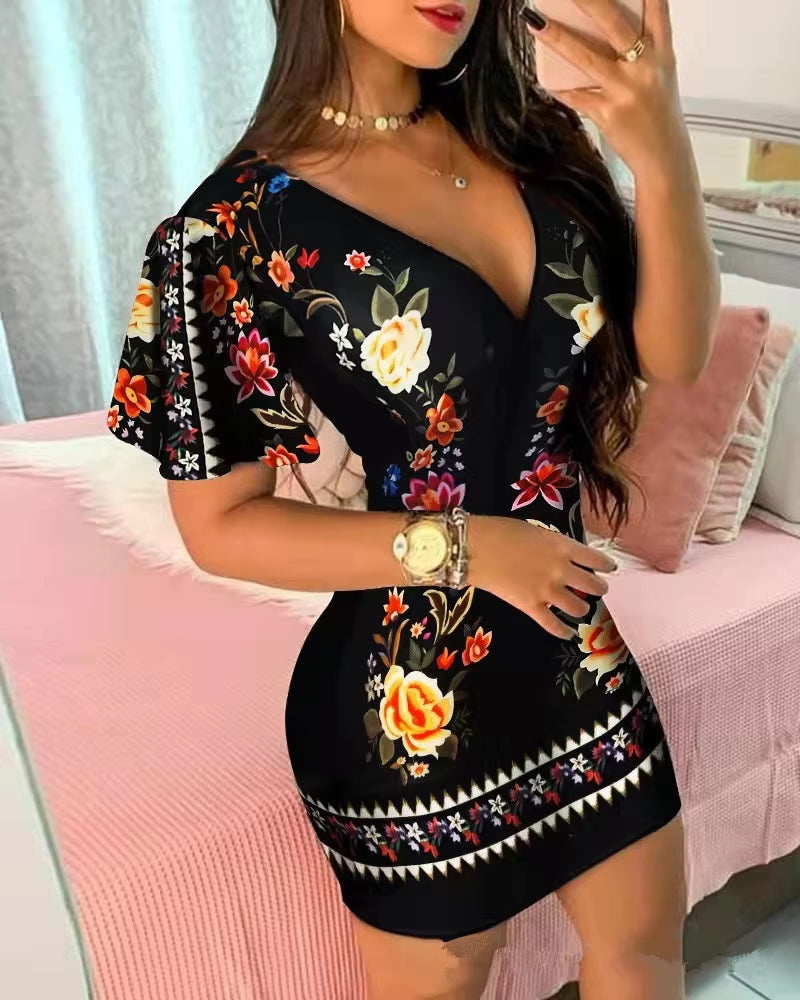 Summer Elegant Floral Print Bodycon Mini Dress | Fashion Sexy Deep V-Neck Party Dress