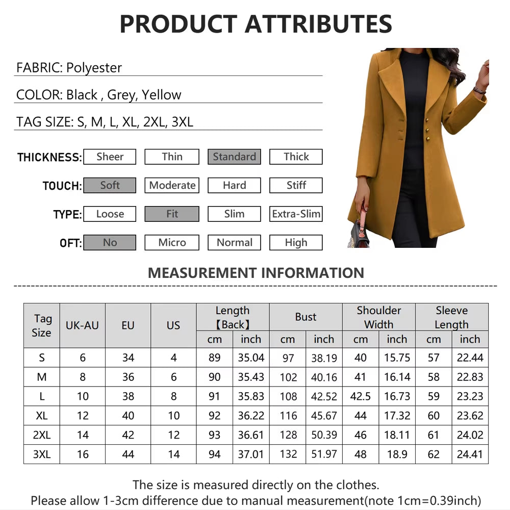 Solid Color Slim Woolen Women’s Long Coat | Elegant Fashion Outerwear