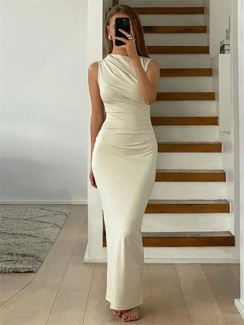 Off-Shoulder Pleated Long Sleeve Slim Maxi Dress | Elegant High-Waist Party Gown