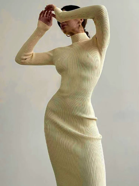 Autumn Winter Turtleneck Knitted Bodycon Dress | Elegant Long Sleeve Sweater Dress